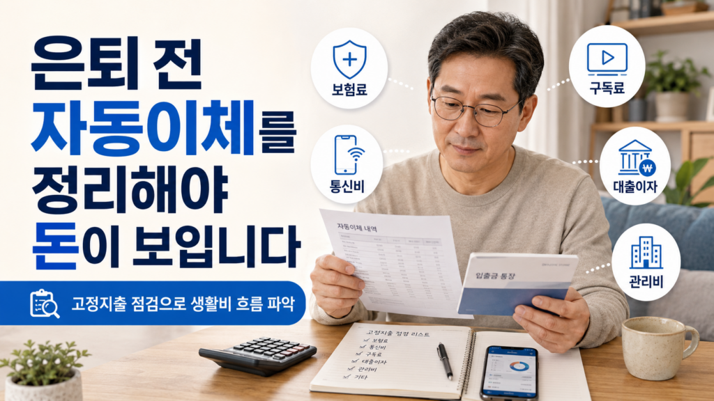 은퇴 전 자동이체를 정리해 보험료, 통신비, 구독료, 대출이자 등 고정지출을 점검하는 이미지