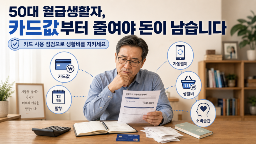 50대 카드값과 카드 명세서를 확인하는 월급생활자