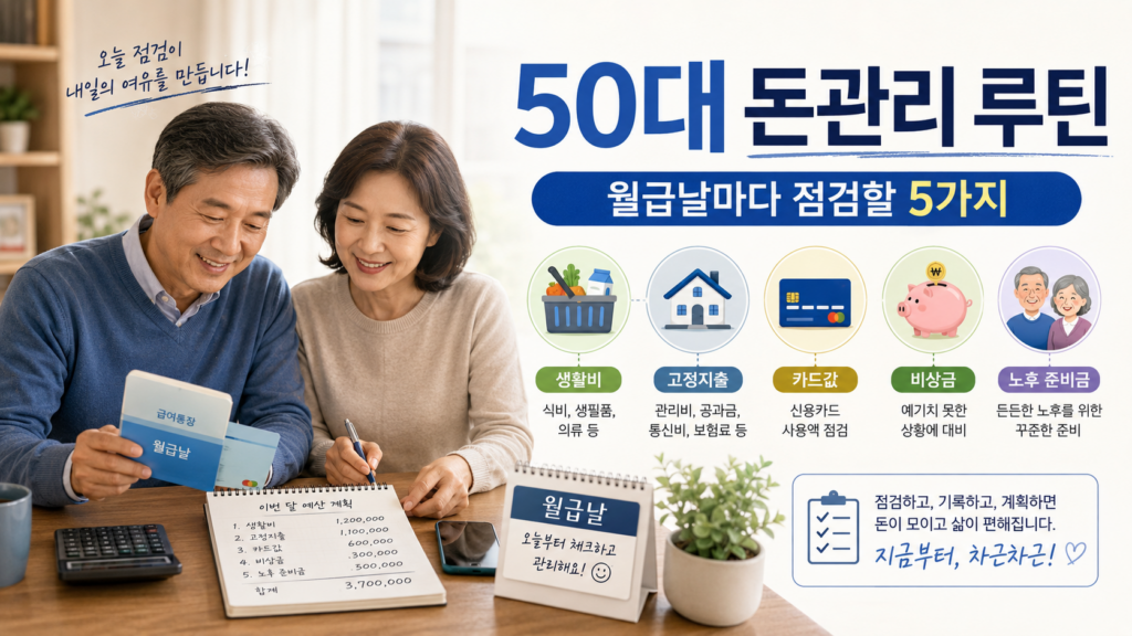 50대 돈관리 루틴을 위해 월급날 생활비, 고정지출, 카드값, 비상금, 노후 준비금을 점검하는 이미지
