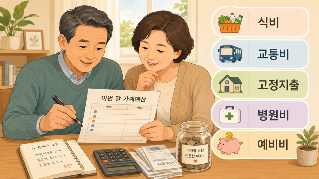 50대 생활비 관리와 한 달 예산을 확인하는 50대 부부