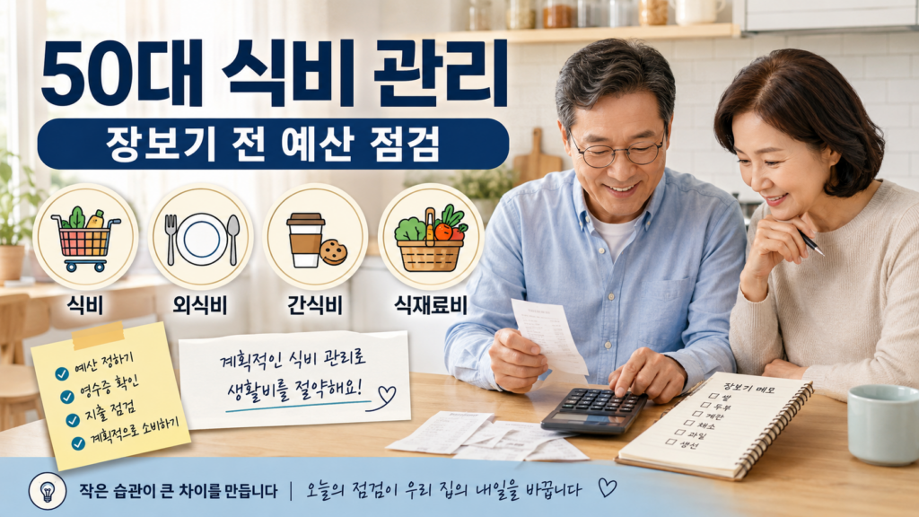 50대 식비 관리를 위해 장보기 전 예산을 정하고 식비, 외식비, 간식비, 식재료비를 점검하는 이미지
