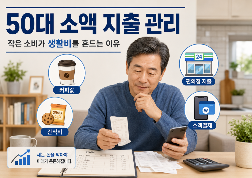 50대 소액 지출 관리를 위해 커피값, 간식비, 편의점 지출, 소액결제를 점검하는 이미지