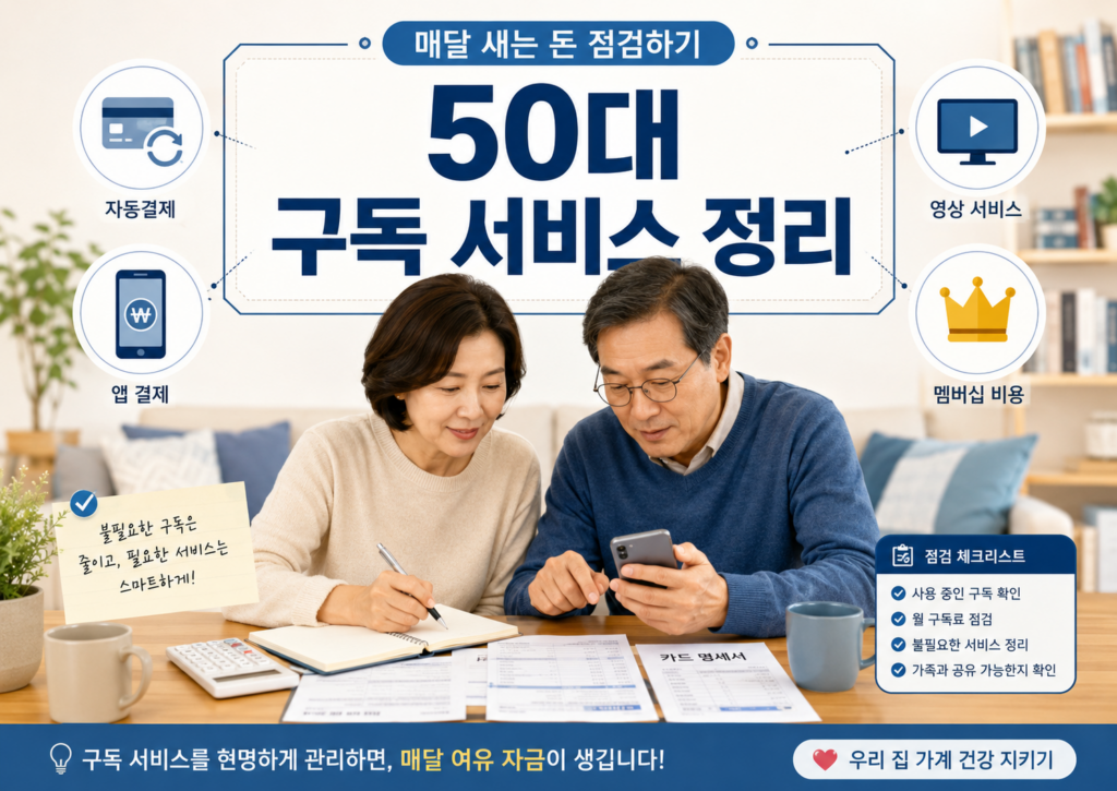 50대 구독 서비스 정리와 자동결제 내역을 확인하는 50대 가장-매달 자동으로 빠져나가는 구독 서비스와 카드 결제 내역을 확인하며 생활비를 점검하는 50대 가장의 모습