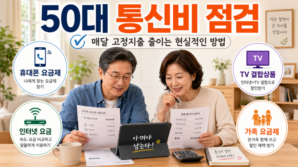 50대 통신비 점검을 위해 휴대폰 요금제, 인터넷 요금, TV 결합상품, 가족 요금제를 확인하는 이미지