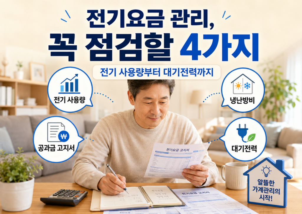 전기요금 관리를 위해 전기 사용량, 냉난방비, 공과금 고지서, 대기전력을 점검하는 이미지