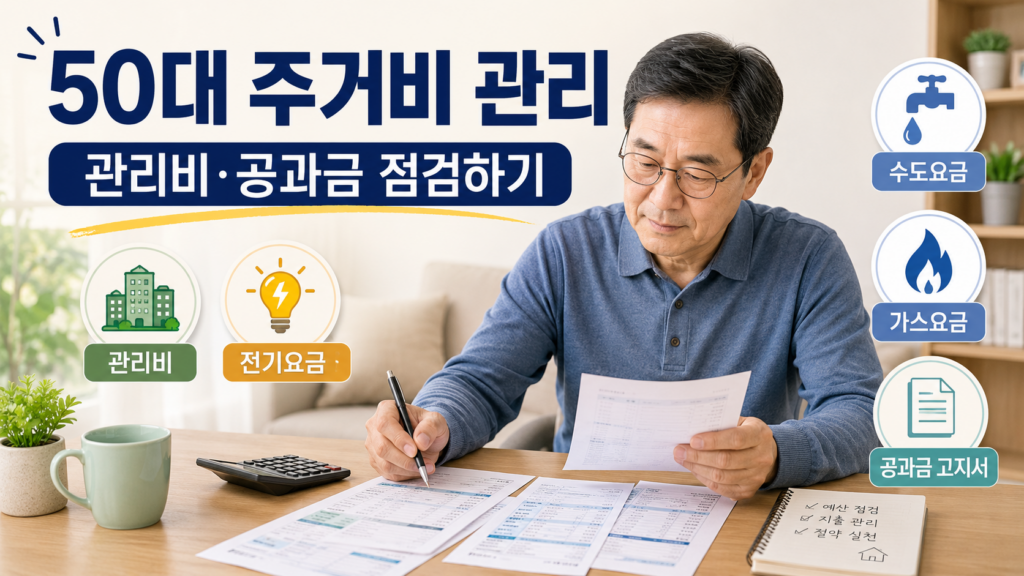 50대 주거비 관리를 위해 관리비, 전기요금, 수도요금, 가스요금, 공과금 고지서를 점검하는 이미지