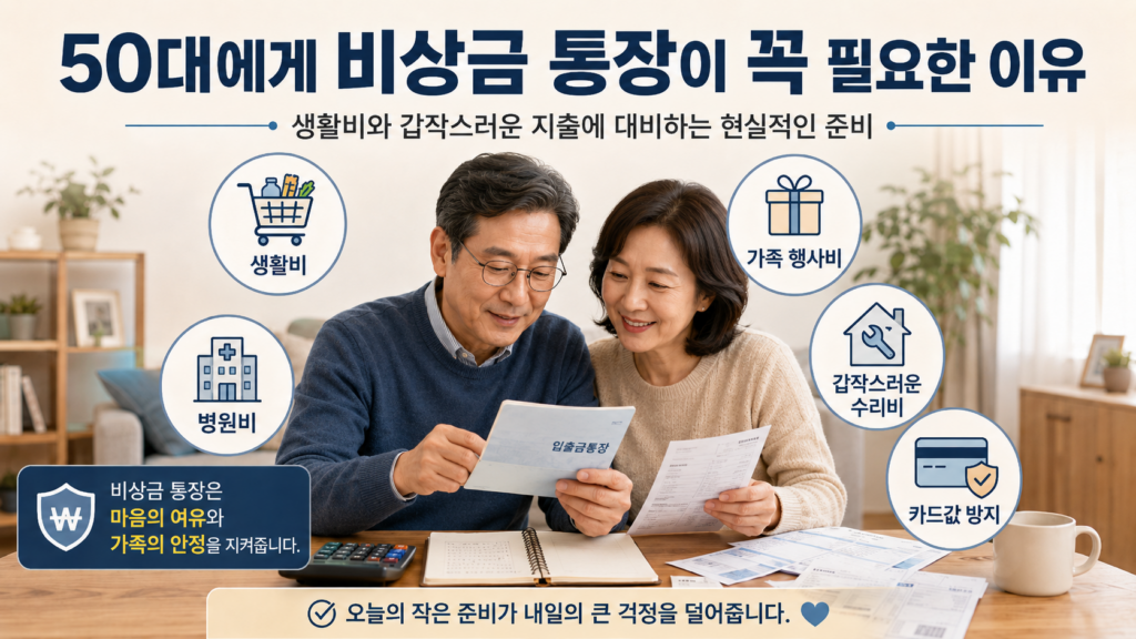 50대 비상금 통장이 필요한 이유를 생활비와 갑작스러운 지출 중심으로 정리한 이미지