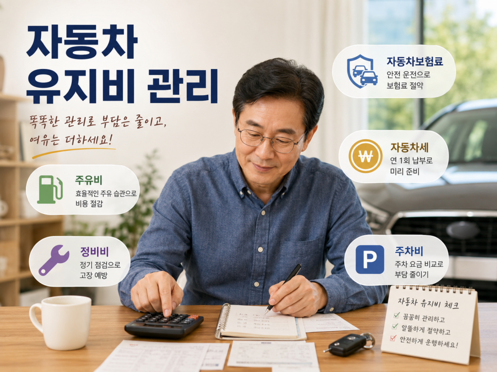 자동차 유지비 관리를 위해 주유비, 자동차보험료, 자동차세, 정비비와 주차비를 점검하는 50대 남성 이미지