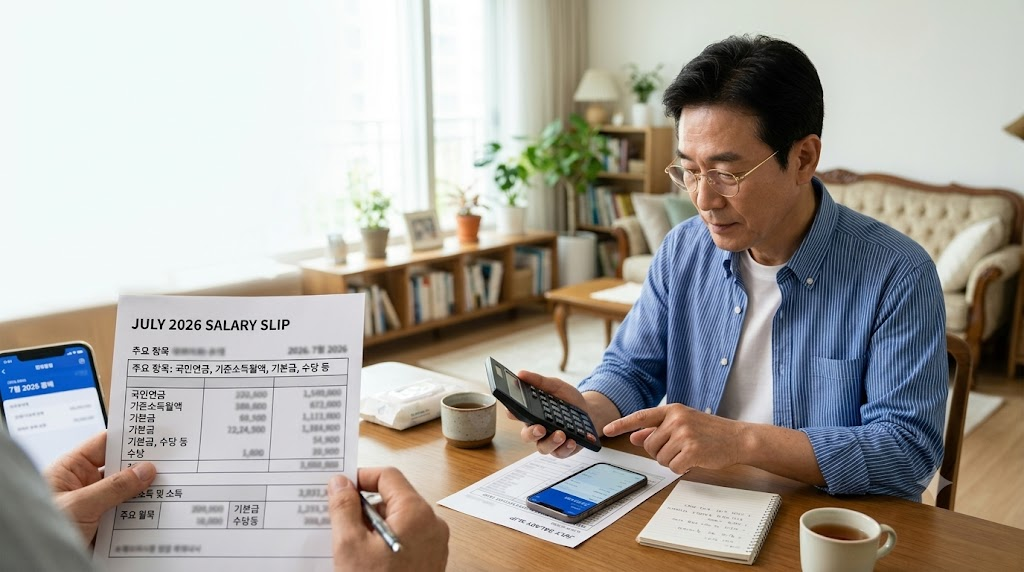 2026년 7월 국민연금 보험료와 기준소득월액을 확인하는 50대 직장인